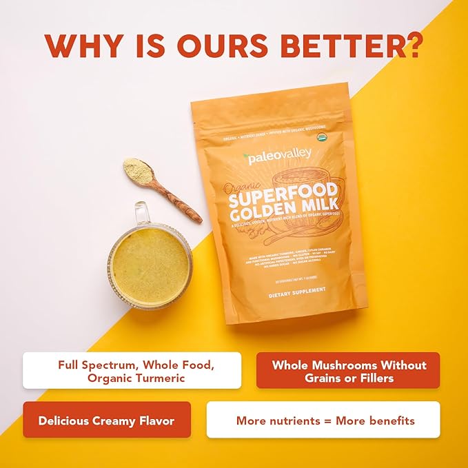 Paleovalley Organic Superfood Golden Milk - Immune, Focus, Cognitive, Longevity - Turmeric, MCT-Rich Coconut Milk, Functional Mushrooms, 30 Servings