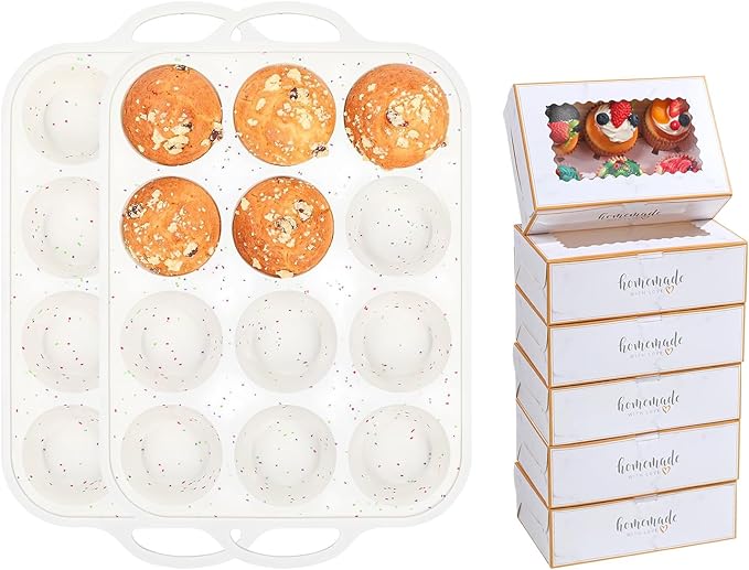 Fimary Silicone Muffin Pans for Baking with Metal Reinforced Frame 2 Pack with 6 Pack cupcake boxes（6 count）, Nonstick Silicone Cupcake Pan for Baking Homemade Muffins, Dishwasher Safe BPA Free