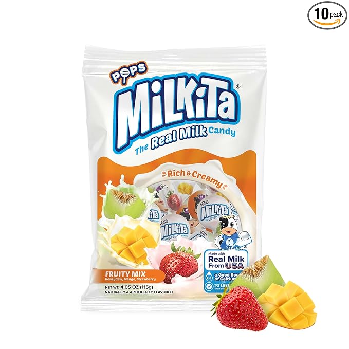 Milkita The Real Milk Candy Lollipop Bag – Low-Sugar, Healthy Sweets with Real Milk for Kids & Adults – Fat Free & Gluten Free Candy with Calcium (Strawberry, Honeydew, Mango - 10 Pcs)