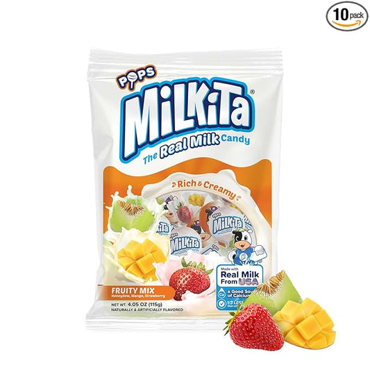 Milkita The Real Milk Candy Lollipop Bag – Low-Sugar, Healthy Sweets with Real Milk for Kids & Adults – Fat Free & Gluten Free Candy with Calcium (Strawberry, Honeydew, Mango - 10 Pcs)