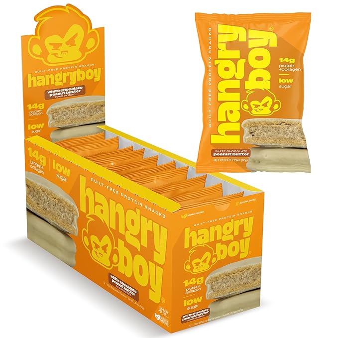 Hangryboy Protein Cookie Sandwich – 14g High Protein, Gluten‑Free, GMO‑Free Cookies - Perfect on The Go Protein Snack, White Chocolate Peanut Butter, 12‑Count Box