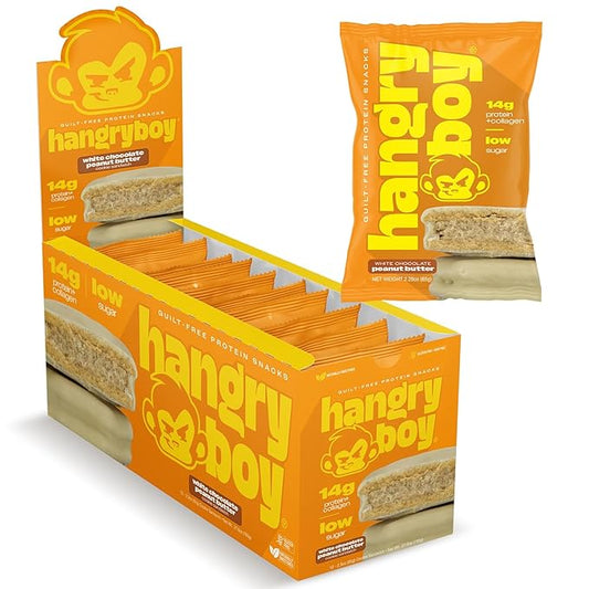 Hangryboy Protein Cookie Sandwich – 14g High Protein, Gluten‑Free, GMO‑Free Cookies - Perfect on The Go Protein Snack, White Chocolate Peanut Butter, 12‑Count Box