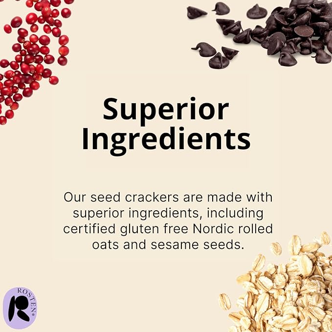 ROSTEN SeedBoost Seed Crackers (16 Pack) Cranberry & Chocolate Chip Flavor - Vegan, Non-GMO, Gluten Free (2.5oz Each)