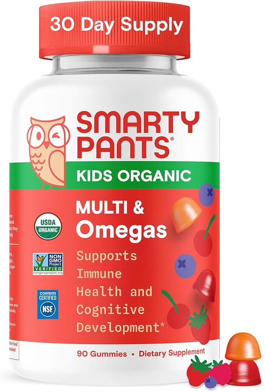 SmartyPants Organic Kids Multivitamin Gummies: Omega 3 (ALA), Vitamin D3, C, Vitamin B12, B6, A, K & Zinc for Immune Support, Biotin, Vegetarian, Three Fruit Flavors, 120 Count (30 Day Supply)