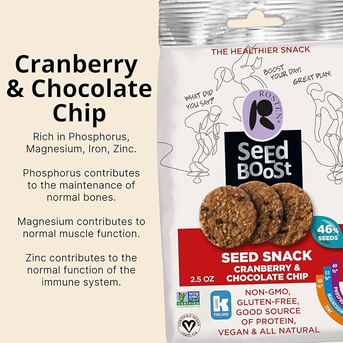 ROSTEN SeedBoost Seed Crackers (16 Pack) Cranberry & Chocolate Chip Flavor - Vegan, Non-GMO, Gluten Free (2.5oz Each)