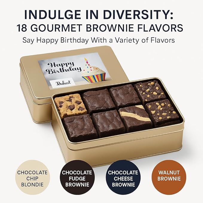 Birthday Gift Basket for Women - 18 Individually Wrapped Brownies Freshly Baked in a Variety of Flavors - Dulcet's Signature Flavored Fudge Brownies - Gift Box Comes with Happy Birthday Card