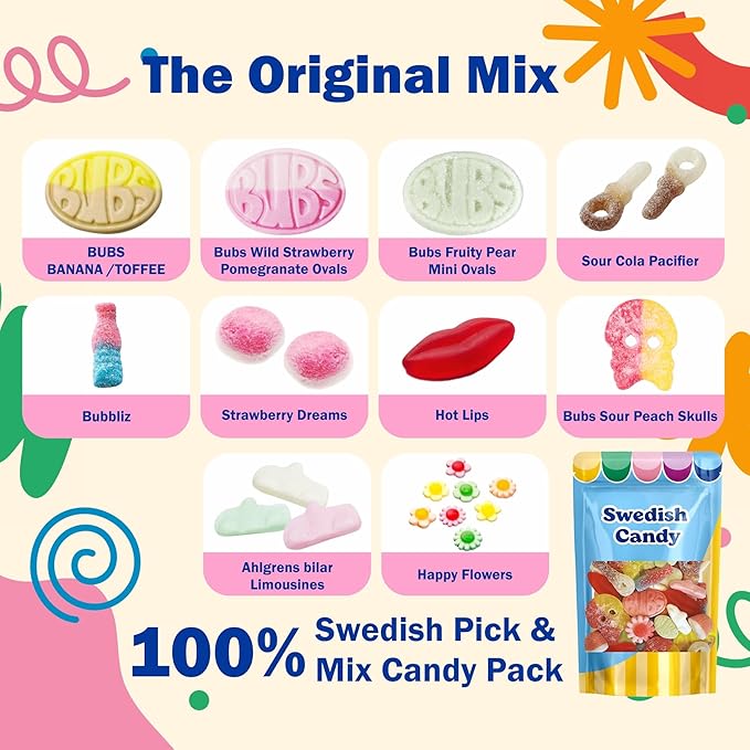 BUBS Swedish Candy – Sour & Sweet Pick and Mix – Assorted Scandinavian Gummy Candy, Soft and Chewy Texture, Bulk Bag – Made in Sweden
