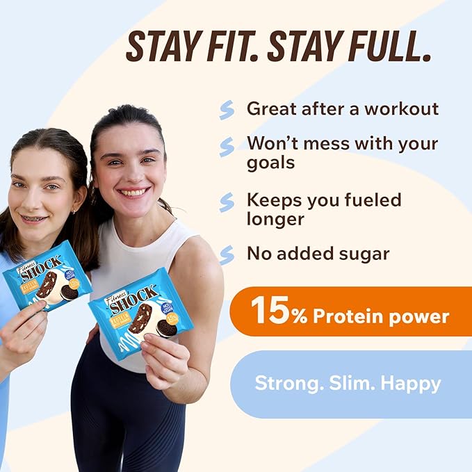FitnesSHOCK Protein Brownie White Chocolate, No Added Sugar, 15%/7,5g Protein, 233kcal, Pre/Post Workout Snack - No Palm Oil, Filling dietary fibre, Soft Texture, 10x50g - Cookie cream flavour