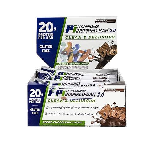 Performance Inspired Nutrition - Protein Bar 2.0 – Contains: 20G Protein - 6G Fiber - 4g MCTs - 1 Billion CFU Probiotics – 1G Prebiotics - G Free – BIG 70g bar - Chocolate 12-Ct. Box