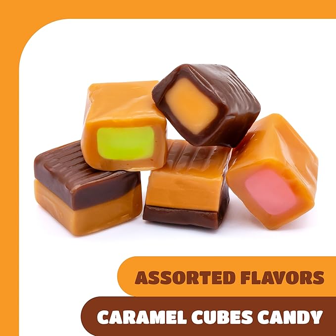 Caramel Cubes Candy Mix - 2 Pound Pack 150 Count - Filled Creamy Caramels Individually Wrapped - Vanilla, Chocolate, Apple, Strawberry - Assorted Chews