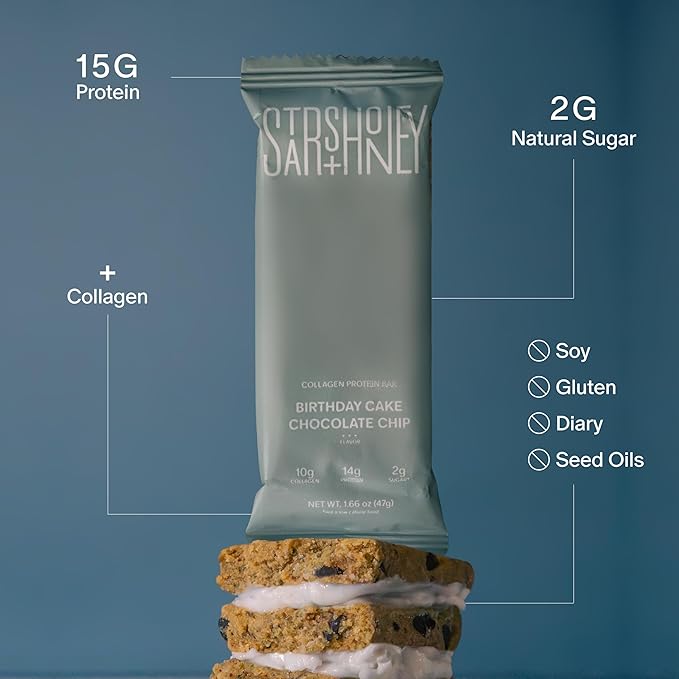 Stars + Honey Protein Bars - Birthday Cake Chocolate Chip, 14g Protein, 2g Sugar, w/Collagen Keto Friendly Snack - Gluten, Dairy, Seed Oil, & Soy Free - High-Protein Snacks for Energy - 10 pack