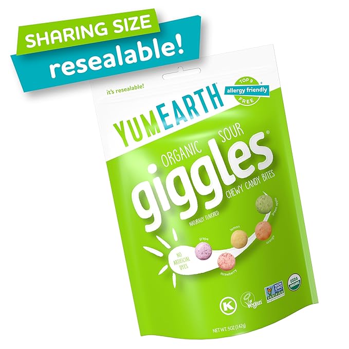 YumEarth Organic Sour Giggles Chewy Candy - Allergy Friendly (Top 9 Free), No Artificial Dyes, Non GMO, Gluten Free, Vegan Candy Snacks - 5 Ounce Bag (Pack of 1)
