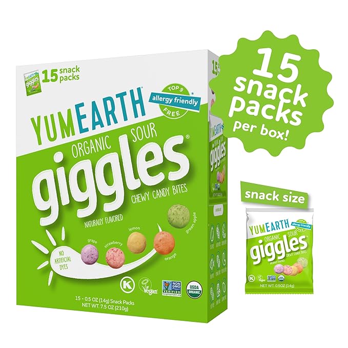 YumEarth Organic Sour Giggles Chewy Candy – Allergy Friendly, No Artificial Dyes, Non GMO, Gluten Free, Sour Fruit Flavored, Vegan Candy Snacks 0.5 ounce (Box of 15)