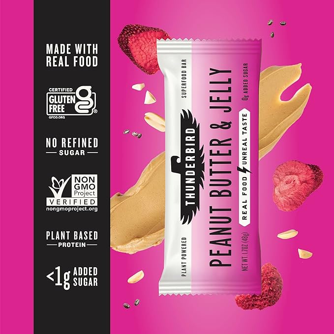 Thunderbird Bars Energy Snack, Gluten-Free with Protein, Healthy Real Food, Vegan Non-GMO, No Added Sugar (12 Count, 1.7 oz. Bars) (Peaut Butter Jelly)