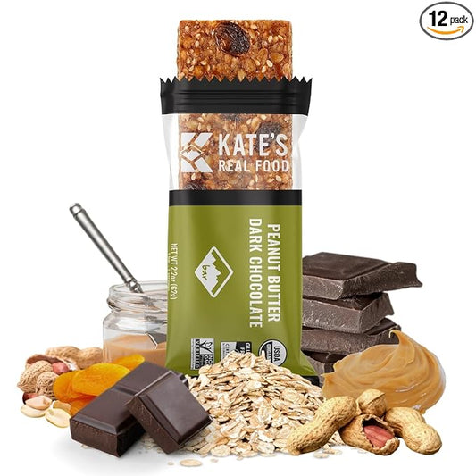 Kate’s Real Food Organic Energy Bars, Non-GMO, All-Natural Ingredients, Gluten-Free and Soy-Free Healthy Snack with Natural Flavors, Peanut Butter and Dark Chocolate (Pack of 12)
