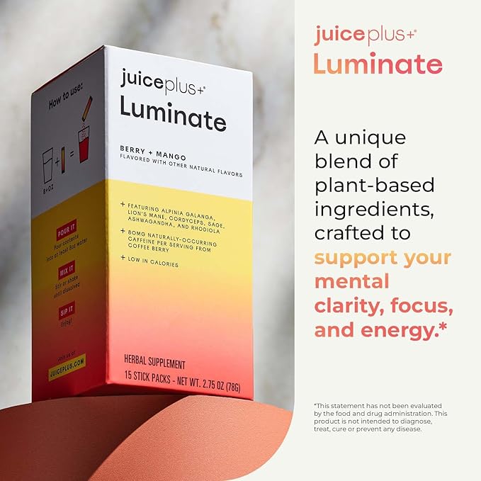 JuicePlus+ Luminate - Plant-Based Cognitive Support Drink with Ashwagandha, Lions Mane & Coffee Berry For Clarity & Vitality - 15 Sticks, 2.75 oz