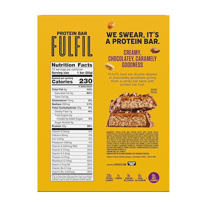 FULFIL Protein Bars, Chocolate Peanut Caramel Flavored, Gluten Free with 20g Protein, Pantry Staples, 12 Count
