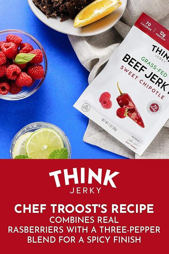 Think Jerky Sweet Chipotle Beef Jerky, Grass-Fed High Protein Beef, Gluten Free, No Antibiotics or Nitrates, Healthy Chef Crafted Recipe, Low Calorie and Low Fat - 1.0 oz Bags, 8 Pack