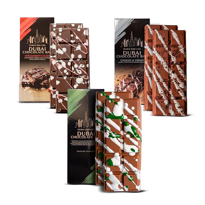 Dubai Chocolate Bar Variety Pack – 2.47oz Premium Chocolate Bar Assortment with Pistachio Cream, Cookies & Cream, Strawberry Crush – Crispy Kataifi, Knafeh Dessert Inspired – Made in USA (6 Pack)