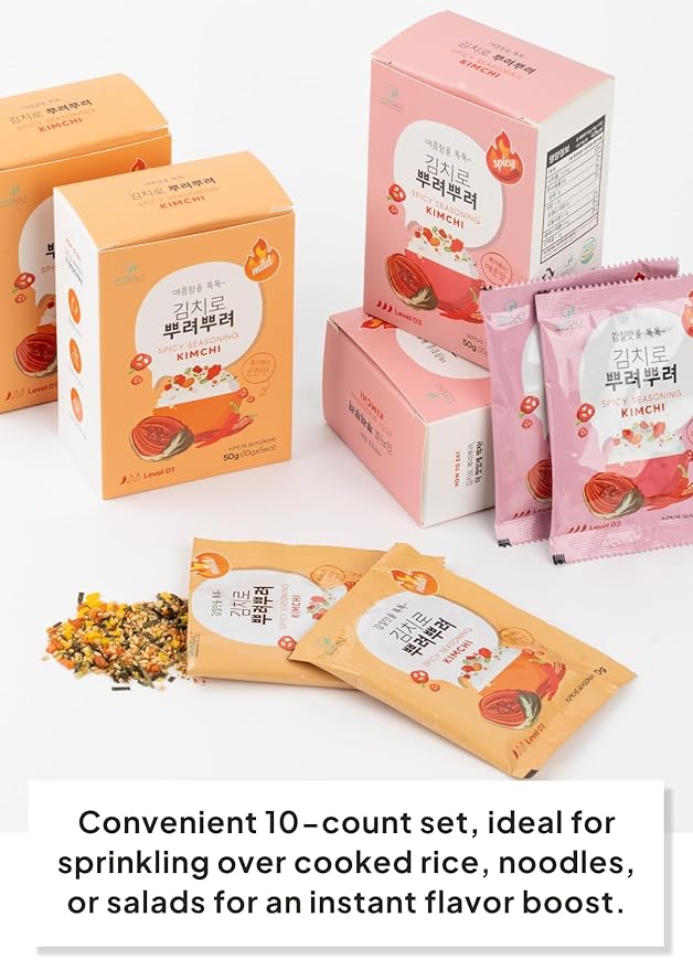 Korean Food Sprinkle Kimchi Seasoning – Mild & Spicy (10 Pack, 10g Each) | Korean Furikake-Style Powder for Rice, Ramen, Eggs | Kimchi Flavor | No Artificial Additives | Portable Individual Sachets, 김치후리카케, 김치시즈닝