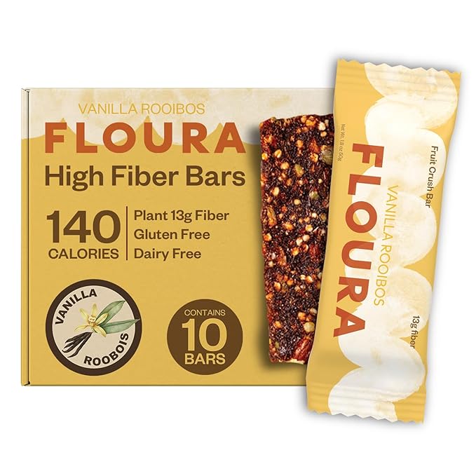 Floura Vanilla Rooibos Fruit-Forward Fiber Bars– High Fiber, Vegan, Gluten & Dairy Free, Low Calorie Healthy Snack Bars with Upcycled Produce for Gut Health [10 Pack]