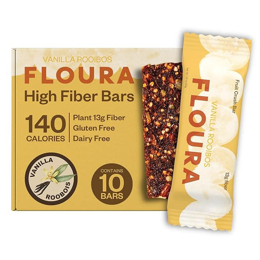 Floura Vanilla Rooibos Fruit-Forward Fiber Bars– High Fiber, Vegan, Gluten & Dairy Free, Low Calorie Healthy Snack Bars with Upcycled Produce for Gut Health [10 Pack]
