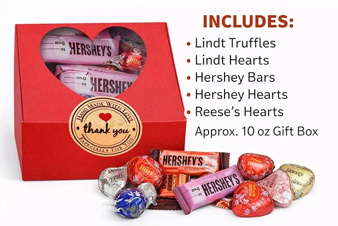 Valentine's Day Chocolate Gift Box with Assorted Gourmet Chocolates, Milk Chocolate & Peanut Butter Heart Shaped Candy - Assorted Milk Chocolate Truffles & Milk Chocolate Bars - Individually Wrapped In Festive Red & Pink - Red Heart Shaped Window Box