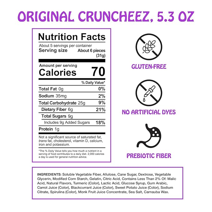 Rotten Original Gummy Cruncheez - Low Sugar, Low Calorie, 5g Gut-Friendly Prebiotic Fiber, Gluten Free Candy, No Artificial Dyes - 5.3 oz Share Pack [4 Pack]