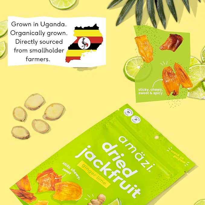 Amäzi Foods | Ginger Lime Dried Jackfruit (6 Pack) | All Natural Snacks | Gluten Free Healthy Dried Fruit Snacks