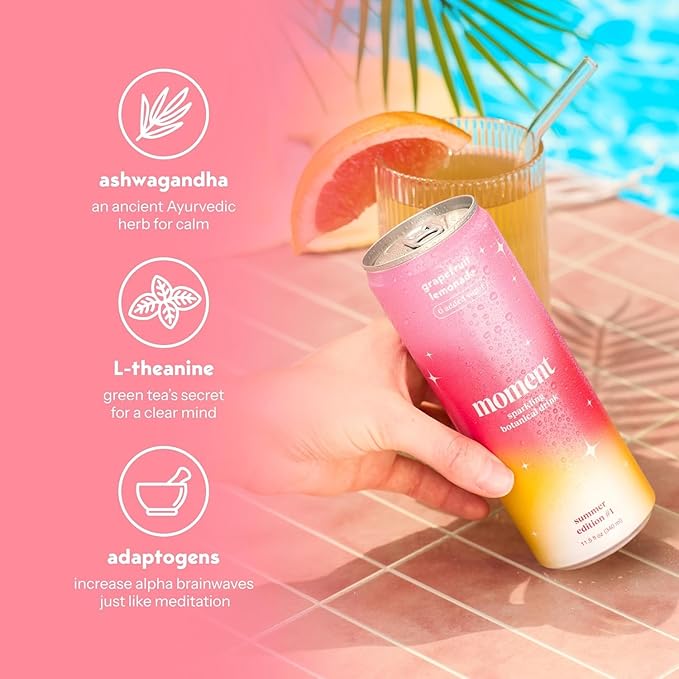 Moment Botanical Soda Soft Drink (Shark Tank) - SPARKLING Non Alcoholic Drinks | L-Theanine & Ashwagandha for Calm & Clarity | 0 Added Sugar 0 Caffeine | Grapefruit Lemonade |12-pack
