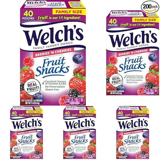 Welch's Fruit Snacks, Berries 'n Cherries, Gluten Free, Bulk Pack, 0.8 Ounce - 40 Count (Pack of 5)