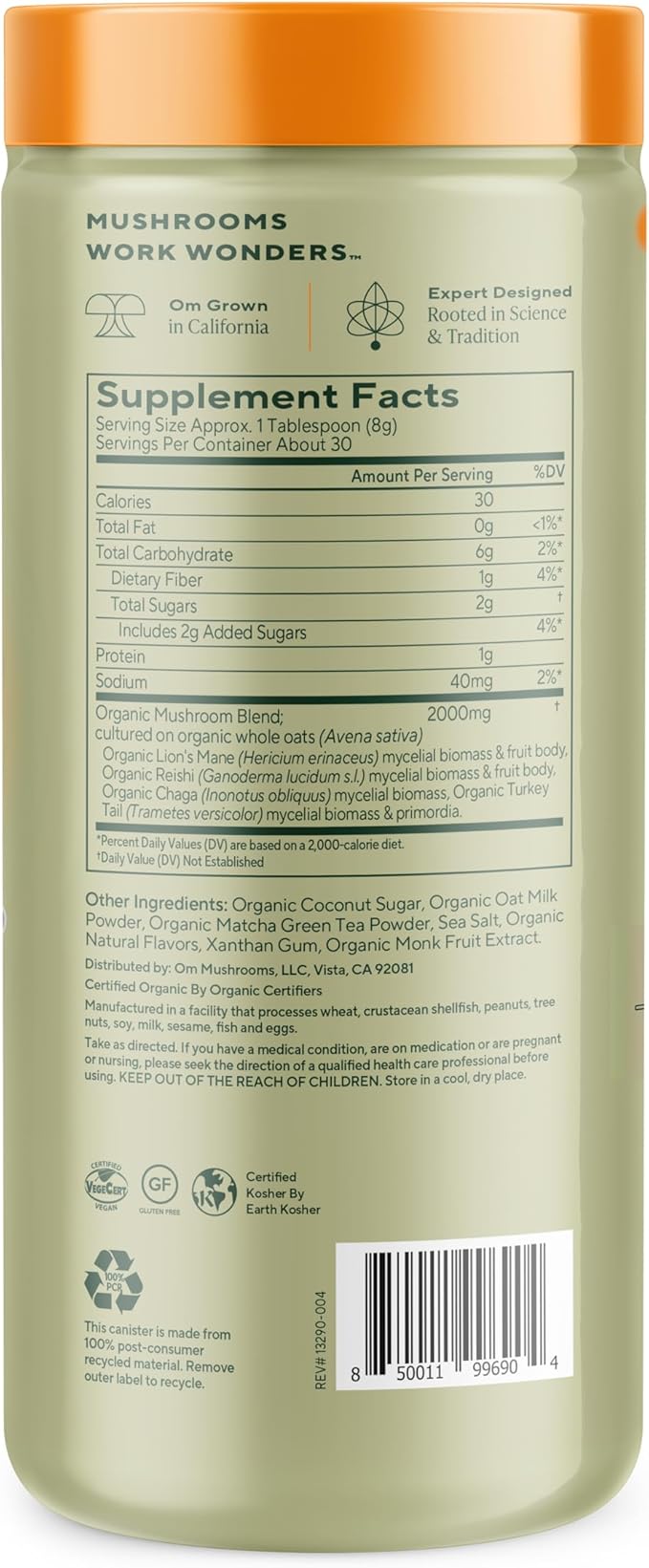 OM MUSHROOM SUPERFOOD Matcha Latte Blend – Green Tea Mushroom Powder with Lion’s Mane, Reishi, Chaga & Turkey Tail – Focus, Calm & Stress Support – 8.47 oz Canister (30 Servings)