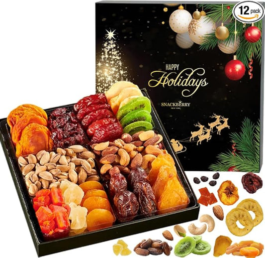 12-Pack Christmas Dried Fruit & Nuts Gift Basket Arrangement Platter, Gourmet Food Snack Box, Healthy Kosher (Style 2)