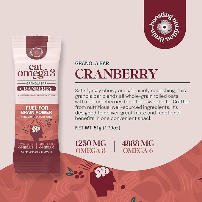 Eat Omega 3 Cranberry Granola Bar – Gluten-Free, Dairy-Free, Plant-Based Protein Snack with Omega-3 & Omega-6, Low Sugar, Non-GMO - 1.79oz, 12 Count
