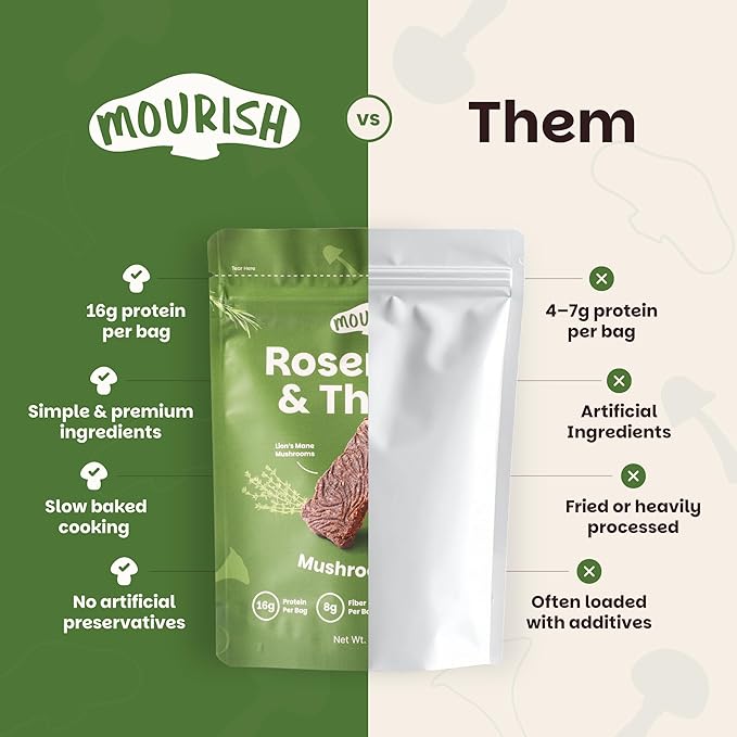 Mourish Vegan Mushroom Bites, Rosemary and Thyme, 1 Pack (2 oz), Good Source of Protein and Fiber, Plant Based Meat Jerky, Meatless Healthy Snacks for Hiking, Camping, Work, Travel & School