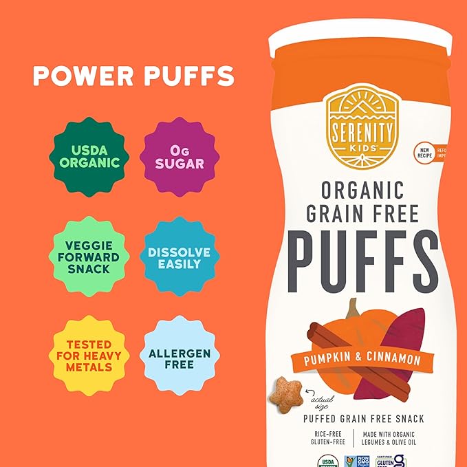Serenity Kids 6+ Months Baby Puffs - 1 count 1.5 oz, Pumpkin & Cinnamon - USDA Organic Grain Free Toddler Food - Nut, Rice & Gluten Free Snack with Veggies, Legumes & Olive Oil