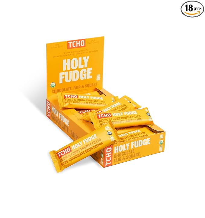 TCHO Holy Fudge Chocolate Truffle Bars - 100% Plant-Based Organic Dark Chocolate - Vegan, Soy-Free, Gluten-Free, Individually Wrapped Pure Cacao Bars - Rich Fudgy Indulgence in Every Bite (18-Pack)