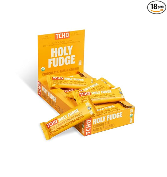 TCHO Holy Fudge Chocolate Truffle Bars - 100% Plant-Based Organic Dark Chocolate - Vegan, Soy-Free, Gluten-Free, Individually Wrapped Pure Cacao Bars - Rich Fudgy Indulgence in Every Bite (18-Pack)
