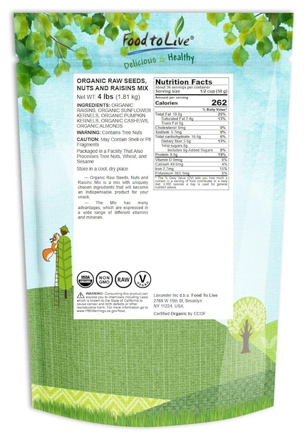 Organic Raw Seeds, Nuts and Raisins Mix, 4 Pounds - Raw and Non-GMO Trail Mix Contains Walnuts, Almonds, Cashews, Hazelnuts, and Raisins. Vegan Superfood Snack, Kosher, No Added Sugar and Oil, Bulk