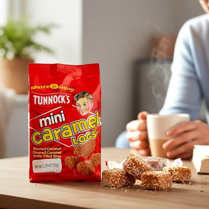 Tunnocks Mini Caramel wafer biscuits logs 5oz, covered with Roasted Coconut Wafer Bites, 150g