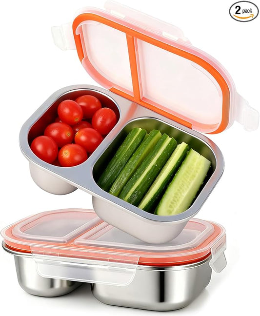 2 Pack Stainless Steel Snack Containers with Lids, 2-Compartment 27oz Leakproof Snack Box for Kids & Adults, Reusable Food Storage Container for School, Office, Travel, Portion Control