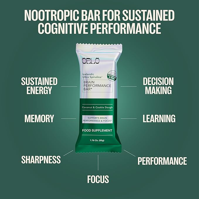 ORLO BRAIN PERFORMANCE BAR – Vegan Protein Bars for Brain & Energy Support – Focus & Memory, Pre & Post Workout Recovery – Gluten Free Snack with L-Theanine, Lions Mane, Spirulina & More (12 Bars)