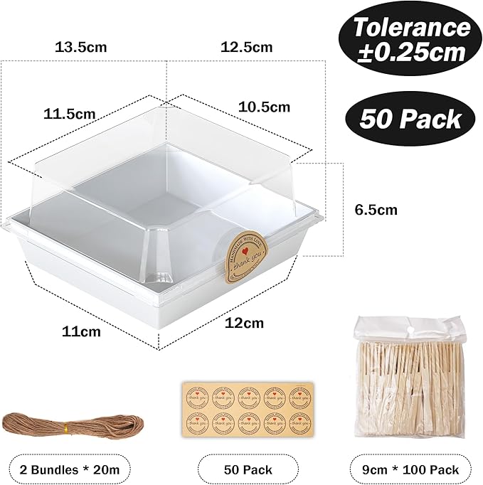 EffiQ-Rate 50 Pack Charcuterie Boxes with Clear Lids - To Go Paper Mini Charcuterie Box,Disposable Food Containers,White Dessert Boxes for Sandwich,Cookie,Sushi-Includes Strings,Stickers,and 100 Forks