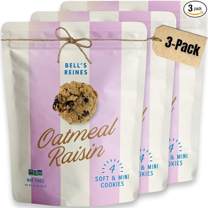 Bell's Reines Oatmeal Raisin Cookies, Soft Gourmet Small Batch, Healthy Snacks, Bakery Fresh 4 Cookie Snack Packs. 3-Pack