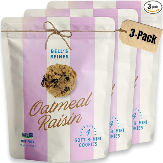 Bell's Reines Oatmeal Raisin Cookies, Soft Gourmet Small Batch, Healthy Snacks, Bakery Fresh 4 Cookie Snack Packs. 3-Pack