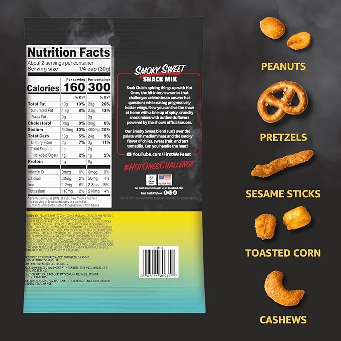 Snak Club x Hot Ones Smoky Sweet Snack Mix, Spicy Snacks with Peanuts, Pretzels, Sesame Sticks, Toasted Corn & Cashews, Inspired by Hot Ones Hot Sauce, 2 oz Bag (12 Count)