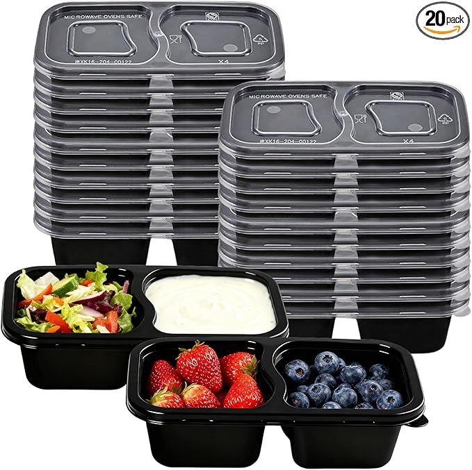 Reusable Snack Containers with Lids - 20PCS Double Compartment Condiment Containers for Snack Prep, Portion Control, Lunches Picnics Parties, Microwave & Dishwasher Safe 6.76oz (BLACK)