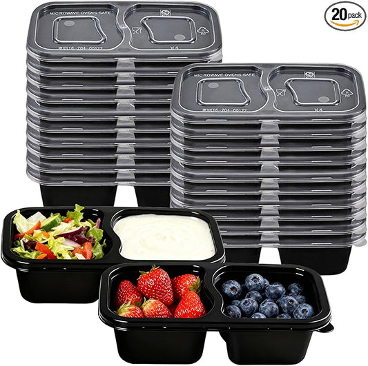 Reusable Snack Containers with Lids - 20PCS Double Compartment Condiment Containers for Snack Prep, Portion Control, Lunches Picnics Parties, Microwave & Dishwasher Safe 6.76oz (BLACK)