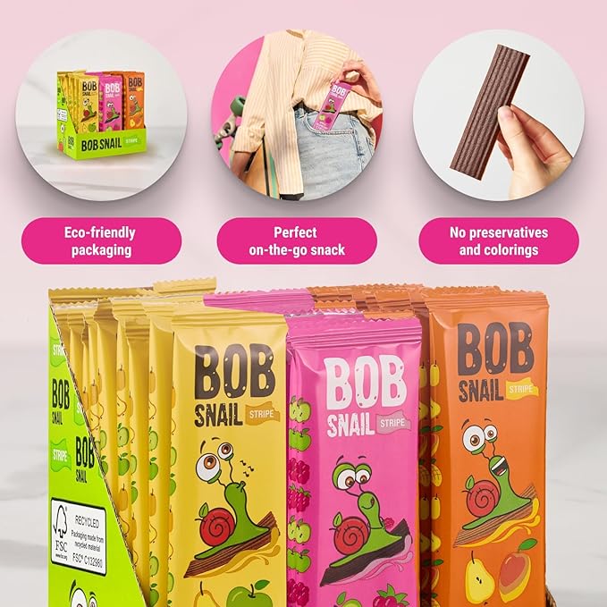 BOB SNAIL Healthy Fruit Snacks for Kids and Adults – 30 Fruit Leather Snacks with Pear-Apple, Raspberry, Mango – Vegan Low-Carb Variety Pack Strips for Kids – Sugar Free Jerky Bars