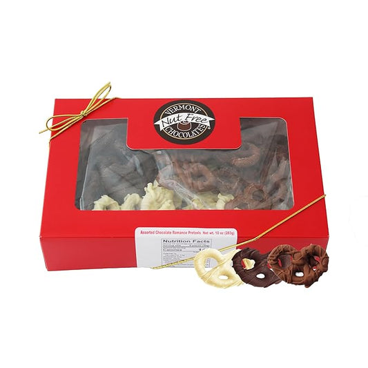 Vermont Nut Free Chocolates Romance Chocolate Covered Pretzels – Nut Free Mini-Twist Pretzels in Assorted (Milk, Dark, White) Chocolate, Valentine’s Day Gift Box (10 oz)